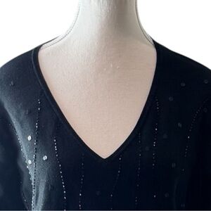City Silk Black V Neck Sequin Knit Top Women Large Evening Party Stretch Sweater